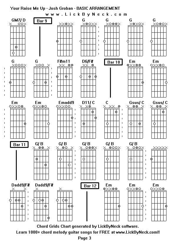 Chord Grids Chart of chord melody fingerstyle guitar song-Your Raise Me Up - Josh Groban - BASIC ARRANGEMENT,generated by LickByNeck software.